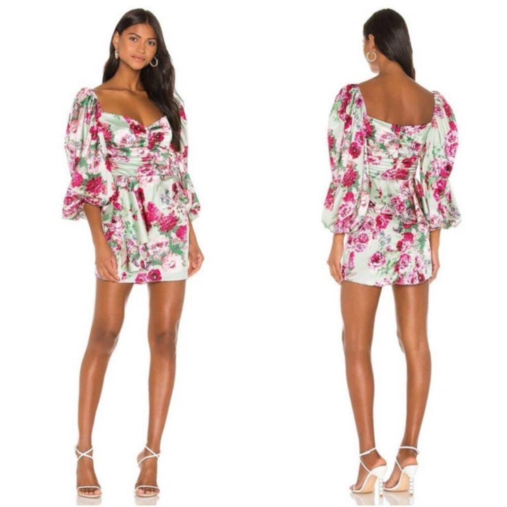 Floral Puff-Sleeve Satin Mini Dress in Mint and Pink